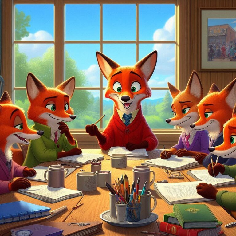 disney cartoon foxes at a fox meeting taking notes